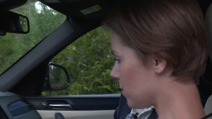 Small tits & vulgar redhead sucking dick outdoors