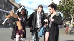 Skinny amateur wearing fishnets threesome at casting in HD