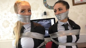 Busty blonde babe tied up in office HD