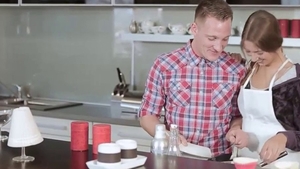 Big tits MILF rough threesome in the kitchen