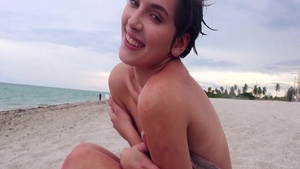 Very hawt brunette crazy cumshot at the beach