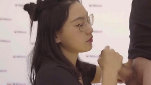 Cumshot amongst super cute chinese teen June Liu in heels