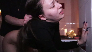 Naughty brunette submissive cock sucking